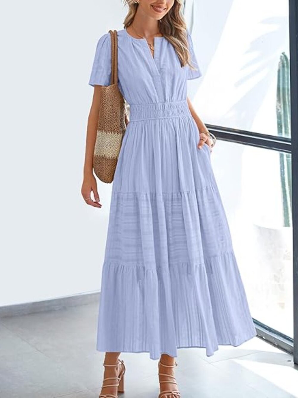 Women Light Blue 100%Cotton V Neck Elastic Waist Boho Beach Casual MIDI Dresses